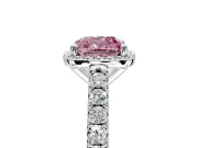 Halo Engagement Ring Setting for Fancy Pink Cushion Cut Center with Full Pave Band and Prong Head in Platinum
