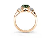 3 Stone Engagement Ring Setting for Fancy Green Round Cut Center with Matching Side Accents and Prong Head in Rose Gold