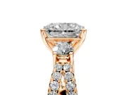 3 Stone Engagement Ring Setting for Radiant Cut Center with Pave Split Shank and Prong Head in Rose Gold