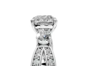 3 Stone Engagement Ring Setting for Cushion Cut Center with Pave Twist Band and Prong Head in Platinum