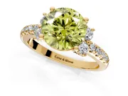 Paired Accent Engagement Ring Setting for Fancy Yellow Round Cut Center with Pave Band and Prong Head in Yellow Gold