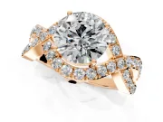 Halo Engagement Ring Setting for Round Cut Center with Pave Infinity Twist Band and Prong Head in Rose Gold