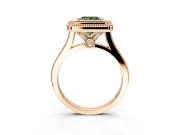 Halo Engagement Ring Setting for Fancy Green Princess Cut Center with Milgrain Frame, Pave Band and Prong Head in Rose Gold