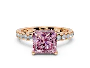 Solitaire Engagement Ring Setting for Fancy Pink Princess Cut Center with Shared-Prong Accents and Prong Head in Rose Gold