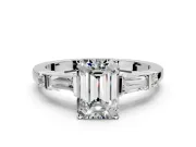 Bar-Set Engagement Ring Setting for Emerald Cut Center with Tapered Baguette Accents and Prong Head in Sterling Silver