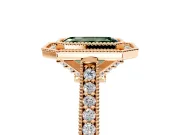 Halo Engagement Ring Setting for Fancy Green Emerald Cut Center with Milgrain Pave Band and Bezel Head in Rose Gold