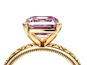 Solitaire Engagement Ring Setting for Fancy Pink Asscher Cut Center with XO Engraved Band and Prong Head in Yellow Gold