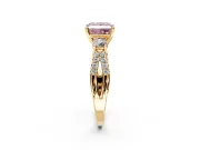 3 Stone Engagement Ring Setting for Fancy Pink Princess Cut Center with Pave Split Shank and Prong Head in Yellow Gold