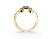 Solitaire Engagement Ring Setting for Fancy Blue Emerald Cut Center with Twisted Band and Scroll Prong Head in Yellow Gold