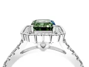 Milgrain Floral Halo Engagement Ring Setting for Fancy Green Emerald Cut Center with Pave Band and Prong Head in White Gold