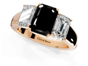 3 Stone Engagement Ring Setting for Fancy Black Emerald Cut Center with Raised Basket Heads and Prong Head in Rose Gold