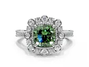 Milgrain Halo Engagement Ring Setting for Fancy Green Cushion Cut Center with Bezel Point Accents and Prong Head in Platinum