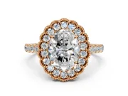 Milgrain Floral Halo Engagement Ring Setting for Oval Center with Pave Band and Prong Head in Rose Gold