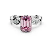 Solitaire Engagement Ring Setting for Fancy Pink Emerald Cut Center with Accented Twist Band and Leaf Prong Head in Sterling Silver