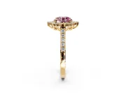 Sunburst Halo Engagement Ring Setting for Fancy Pink Round Cut Center with Pave Band and Prong Head in Yellow Gold