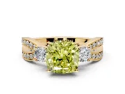 3 Stone Engagement Ring Setting for Fancy Yellow Cushion Cut Center with Pave Twist Band and Prong Head in Yellow Gold