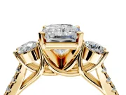 3 Stone Engagement Ring Setting for Radiant Cut Center with Crossover Basket, Pave Band and Prong Head in Yellow Gold