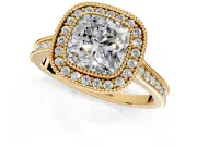 Halo Engagement Ring Setting for Cushion Cut Center with Milgrain Pave Band and Bezel Head in Yellow Gold