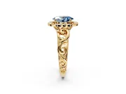 Halo Engagement Ring Setting for Fancy Blue Oval Center with Open Scroll Shoulders and Prong Head in Yellow Gold