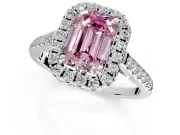 Halo Engagement Ring Setting for Fancy Pink Emerald Cut Center with Raised Halo, Pave Band and Prong Head in Platinum