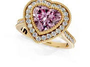 Halo Engagement Ring Setting for Fancy Pink Heart-Shaped Center with Milgrain Frame, Pave Band and Prong Head in Yellow Gold