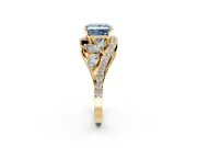 Halo Engagement Ring Setting for Fancy Blue Princess Cut Center with Marquise and Pave Bypass Band and Prong Head in Yellow Gold