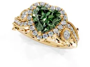 Milgrain Halo Engagement Ring Setting for Fancy Green Heart-Shaped Center with Shoulder Bezels and Prong Head in Yellow Gold
