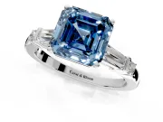 Bar-Set Engagement Ring Setting for Fancy Blue Asscher Cut Center with Tapered Baguette Accents and Prong Head in Platinum