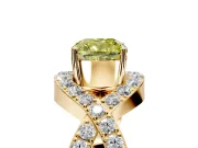 Halo Engagement Ring Setting for Fancy Yellow Cushion Cut Center with Pave Infinity Twist Band and Prong Head in Yellow Gold