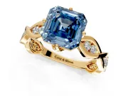 Solitaire Engagement Ring Setting for Fancy Blue Asscher Cut Center with Accented Twist Band and Leaf Prong Head in Yellow Gold