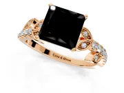 Leaf Motif Engagement Ring Setting for Fancy Black Princess Cut Center with Pave Band and Prong Head in Rose Gold