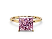 Solitaire Engagement Ring Setting for Fancy Pink Princess Cut Center with Straight Thin Band and Prong Head in Yellow Gold