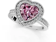 Halo Engagement Ring Setting for Fancy Pink Heart-Shaped Center with Milgrain Halo, Pave Band and Prong Head in Platinum