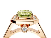 Halo Engagement Ring Setting for Fancy Yellow Emerald Cut Center with Outer Bezel Rim, Pave Band and Prong Head in Rose Gold