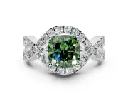 Halo Engagement Ring Setting for Fancy Green Cushion Cut Center with Pave Infinity Twist Band and Prong Head in Platinum