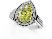 Halo Engagement Ring Setting for Fancy Yellow Pear-Shaped Center with Outer Bezel Rim, Pave Band and Prong Head in Platinum