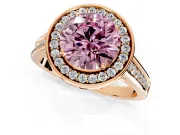 Halo Engagement Ring Setting for Fancy Pink Round Cut Center with Outer Bezel Rim, Pave Band and Prong Head in Rose Gold
