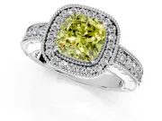 Milgrain Halo Engagement Ring Setting for Fancy Yellow Cushion Cut Center with Pave Band and Prong Head in Platinum