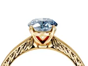 Solitaire Engagement Ring Setting for Fancy Blue Oval Center with Engraved Milgrain Band and Prong Head in Yellow Gold