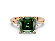 3 Stone Engagement Ring Setting for Fancy Green Asscher Cut Center with Wide Plain Band and Prong Head in Rose Gold