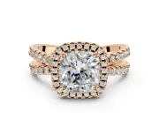 Halo Engagement Ring Setting for Cushion Cut Center with Double Pave Split Shank and Prong Head in Rose Gold