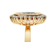 Halo Engagement Ring Setting for Emerald Cut Center with Milgrain Bezel Rim, Plain Band and Prong Head in Yellow Gold