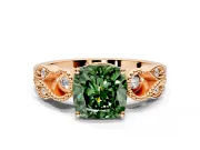 Leaf Engagement Ring Setting for Fancy Green Cushion Cut Center with Milgrain Accent Band and Prong Head in Rose Gold
