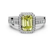 Halo Engagement Ring Setting for Fancy Yellow Emerald Cut Center with Wide Band, Inlaid Accent Row and Prong Head in Platinum