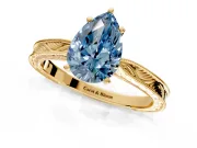 Solitaire Engagement Ring Setting for Fancy Blue Pear-Shaped Center with Engraved Milgrain Band and Prong Head in Yellow Gold