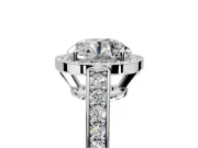 Bezel-Framed Halo Engagement Ring Setting for Round Cut Center with Pave Band and Prong Head in Sterling Silver