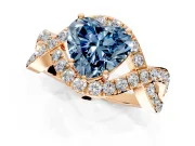 Halo Engagement Ring Setting for Fancy Blue Heart-Shaped Center with Pave Infinity Twist Band and Prong Head in Rose Gold