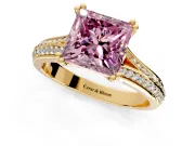 Solitaire Engagement Ring Setting for Fancy Pink Princess Cut Center with Pave Rail Split Shank and Prong Head in Yellow Gold