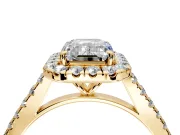Halo Engagement Ring Setting for Emerald Cut Center with Narrowing Pave Band and Prong Head in Yellow Gold