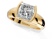 Tension Engagement Ring Setting for Princess Cut Center with Wide Flat Band and Tension Head in Yellow Gold